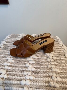 Nine West Cognac Brown Leather Block Heel Mules